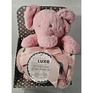 Babe Lux Plush Animal Elephant and Baby Blanket Set Pink and White New
